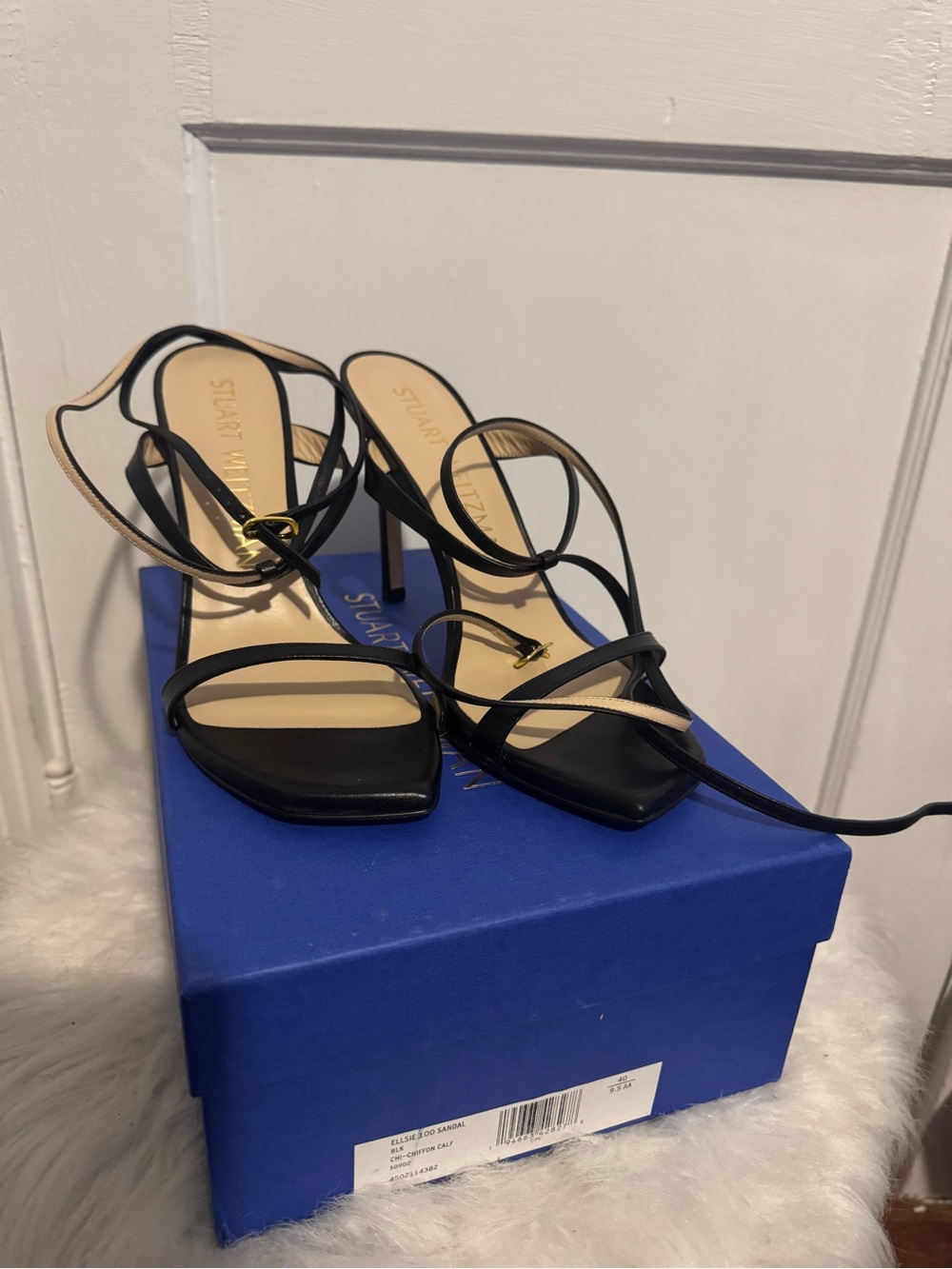 Stuart Weitzman Black Strappy High-Heel Sandals with Gold Accents